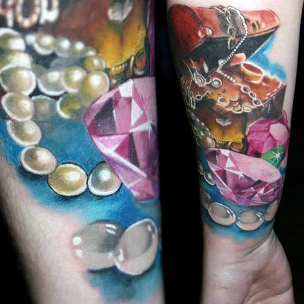 Diamonds And Jewels Treasure Chest Mens Inner Forearm Tattoos