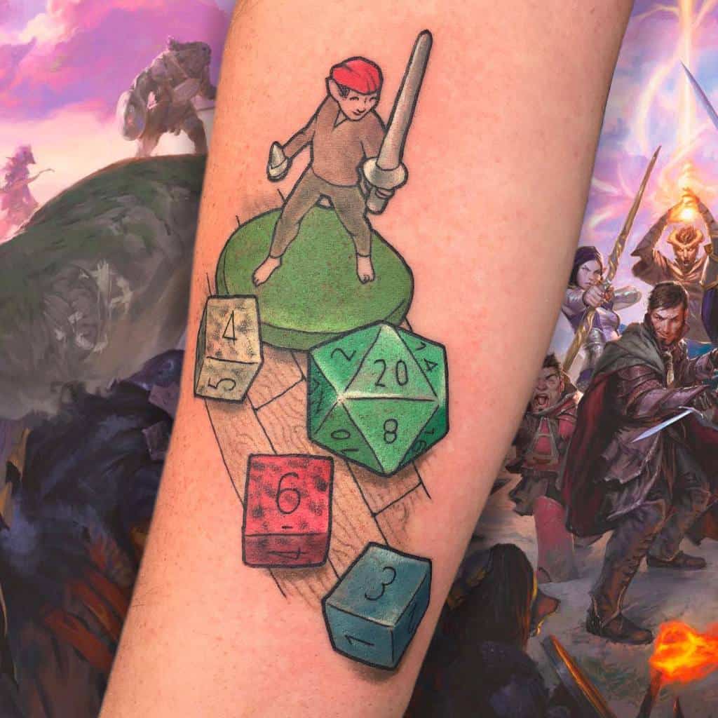 Playful tattoo showcasing a miniature figurine on a green base surrounded by various dice, set against a board game-inspired backdrop