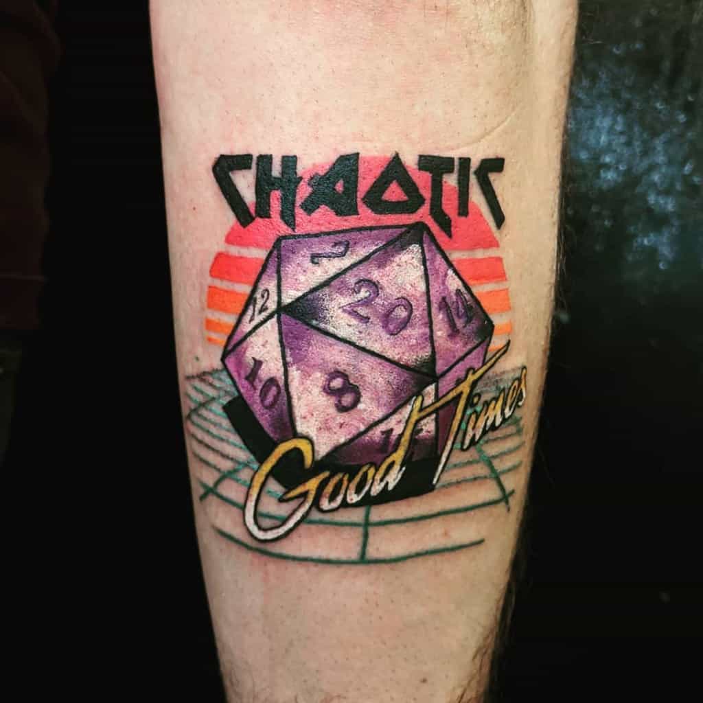 Retro-themed 'Chaotic Good Time' tattoo featuring a purple D20 dice and nostalgic sunset design