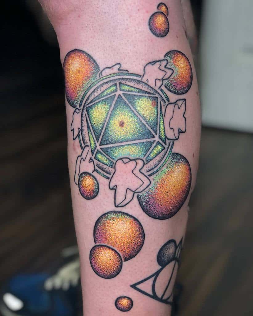 Bright and unique D20 tattoo surrounded by glowing, abstract orbs in a stunning pointillism-inspired style