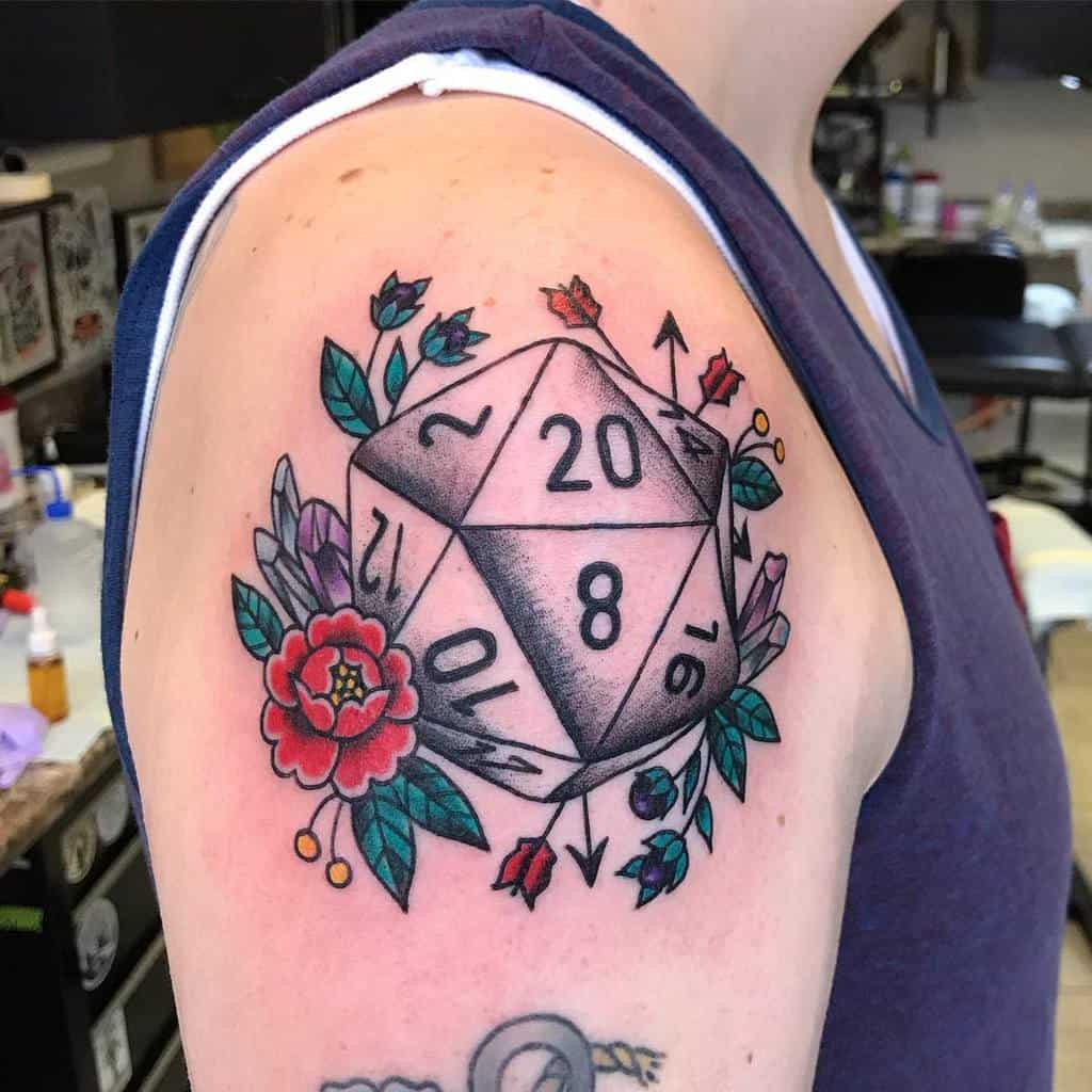 D20 tattoo adorned with colorful floral designs, creating a beautiful mix of fantasy and nature-inspired aesthetics