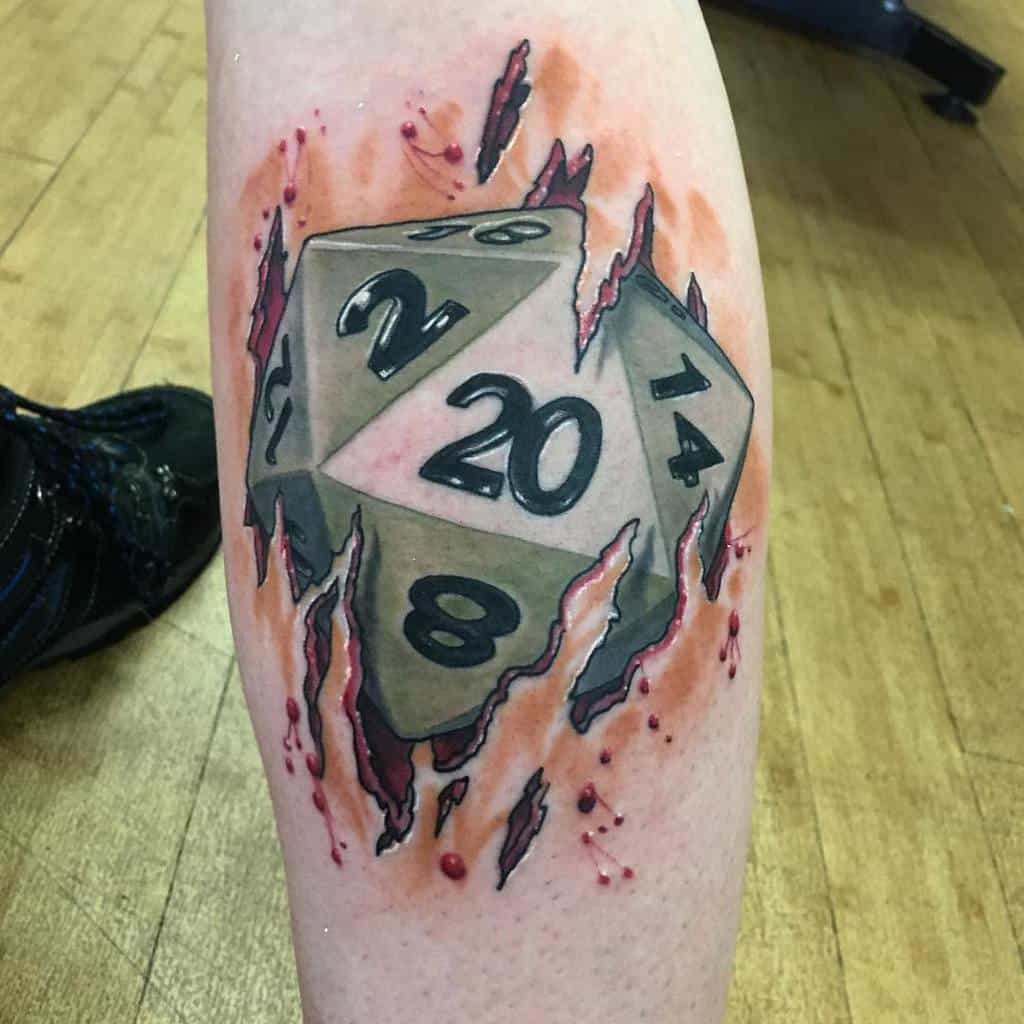 Dynamic D20 tattoo breaking through the skin with realistic tears and vibrant red accents for a striking 3D effect