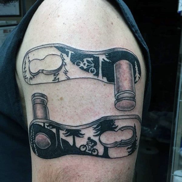 Dichormatic Pattern With Bicycle Tattoo On Arms For Men