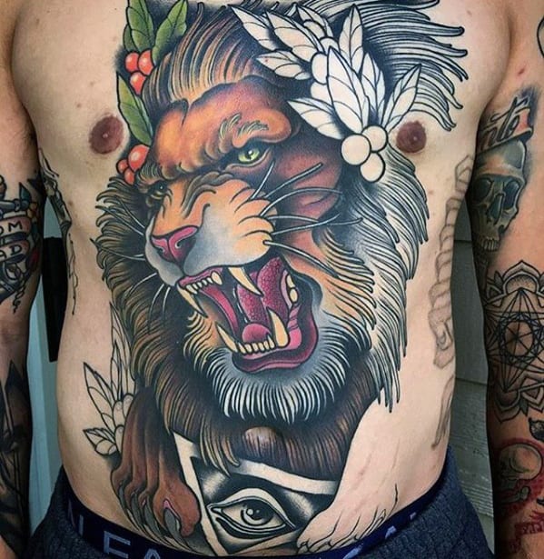 Different Mens Roaring Lion Neo Traditional Chest Tattoo