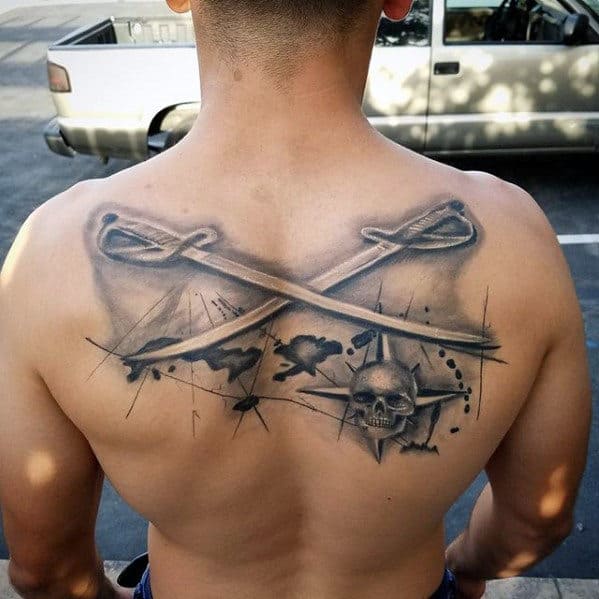Different Mens Swords And Map Pirate Themed Upper Back Tattoo