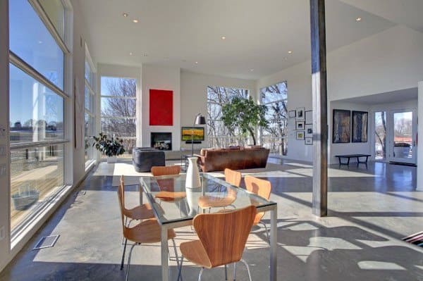 Modern open-plan living room with large windows, concrete floor, dining table, cozy sofa, fireplace, and lush plants