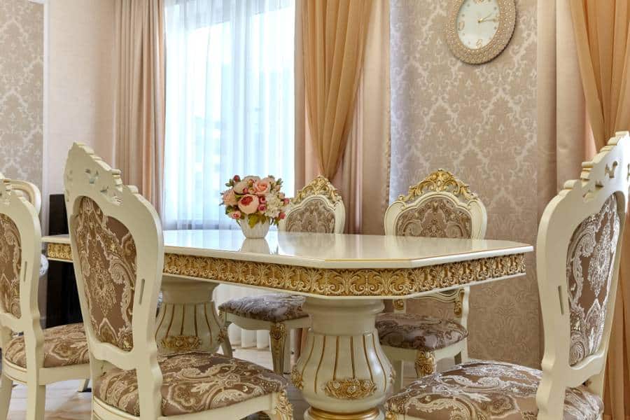 ornate dining room table pattern wallpaper wall clock