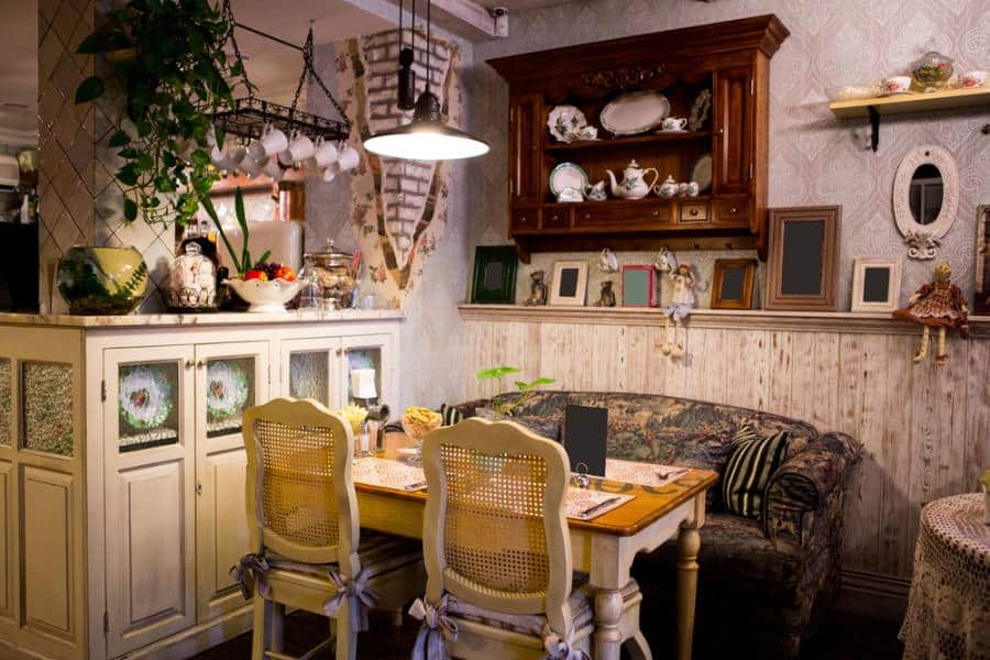 country style living room floral sofa table and chairs wall cabinet 