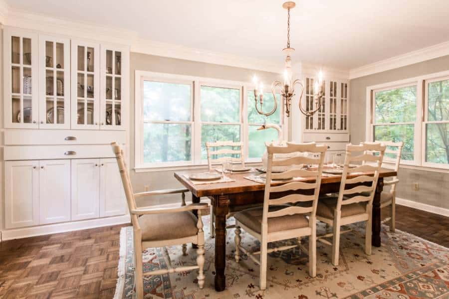 elegant country style dining room chandelier white cabinets