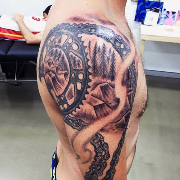 Dirt Bike Ramps Motocross Male Upper Arm Tattoo With 3d Chain
