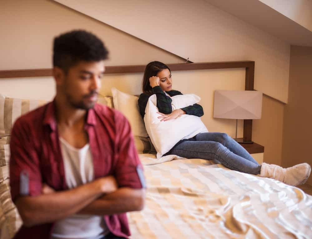 disappointed couple stop talking each other