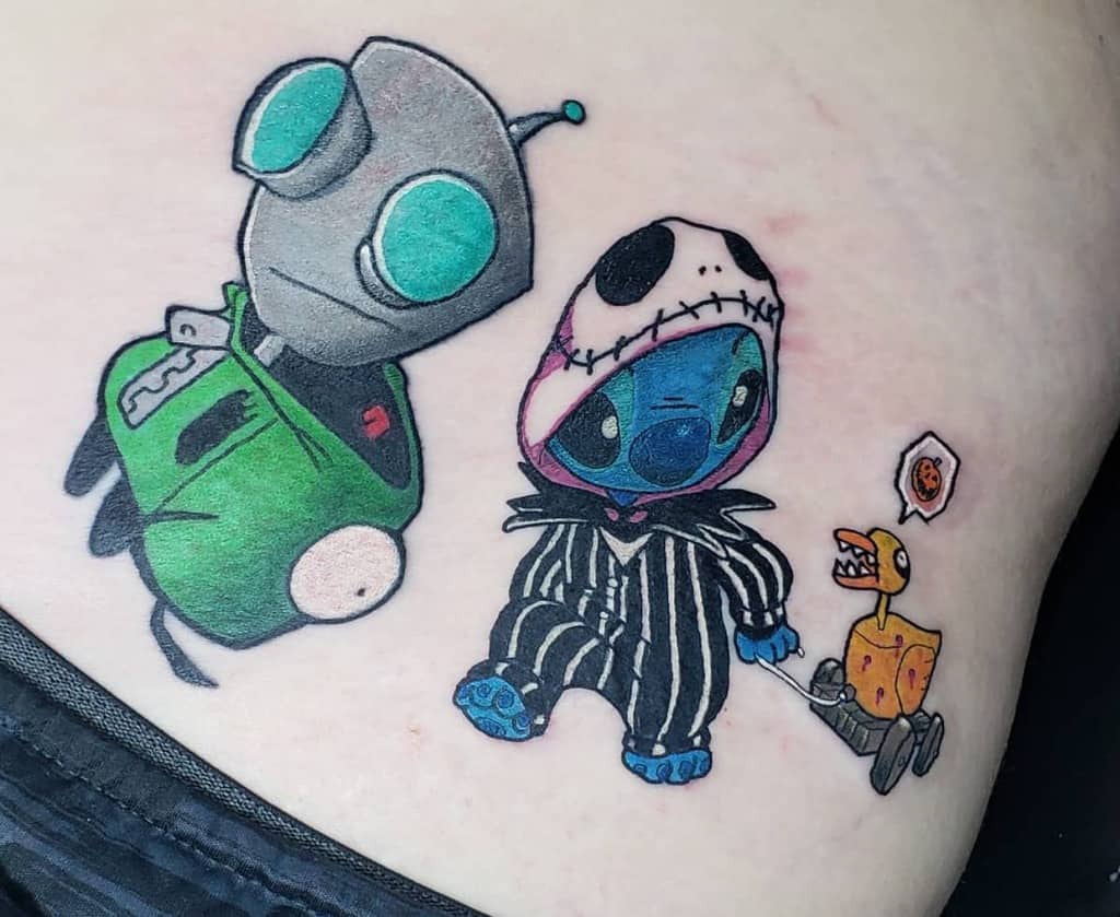 Colorful tattoo featuring Stitch from Lilo & Stitch dressed as Jack Skellington, accompanied by Gir from Invader Zim and a small robot, on the side.