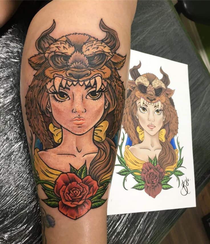 Tattoo of Belle wearing a Beast-inspired headdress, blending fantasy and realism, with a red rose and intricate shading details.
