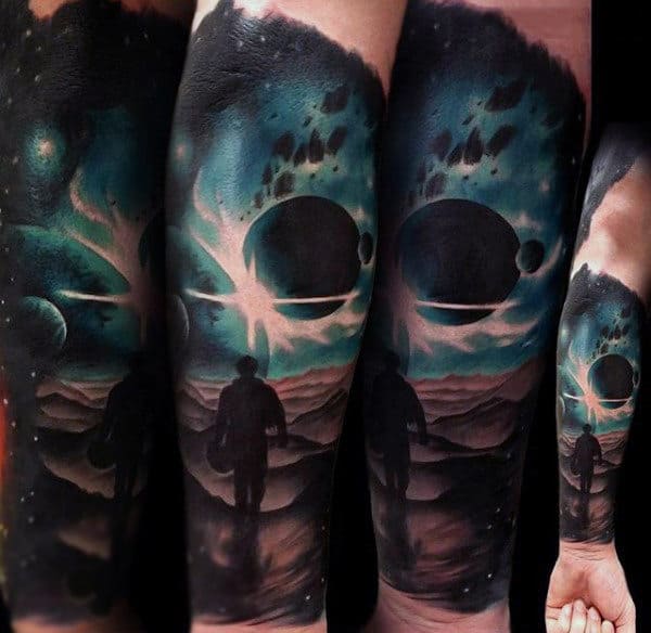 Distant Galaxy And Astronaut Tattoo Mens Sleeves