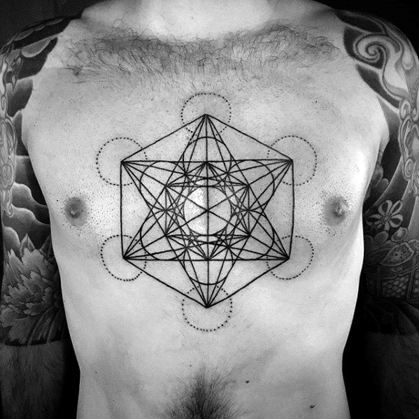 Distinctive Black Ink Lines Male Geometric Chest Tattoo Designs
