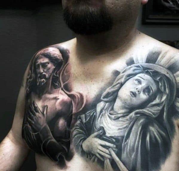 Distinctive Male 3d Jesus With Mother Mary Upper Chest Statue Tattoo Designs