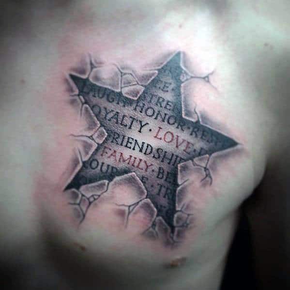 3D star tattoo on chest with cracked skin illusion, revealing meaningful words like loyalty, love, and friendship beneath the surface.