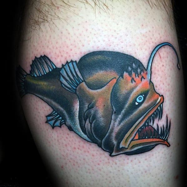 Distinctive Male Angler Fish Tattoo Designs Leg Calf