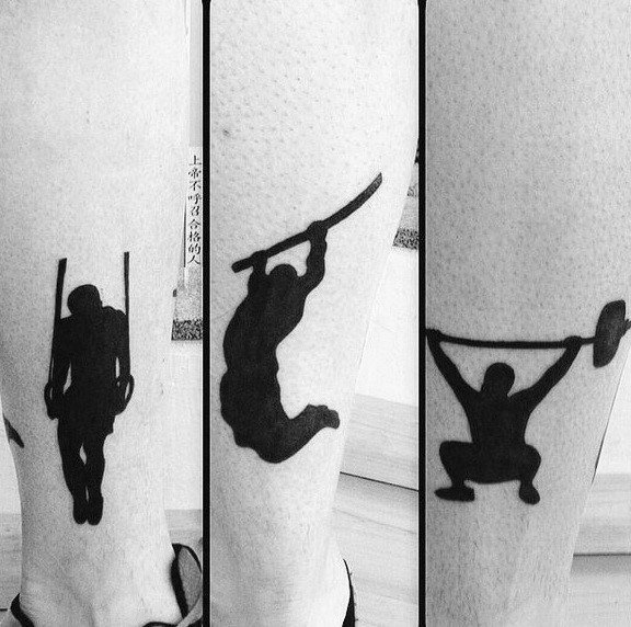 Three-panel leg tattoo showing silhouettes of gymnastic rings, pull-up, and barbell lift, representing strength and athletic progression.