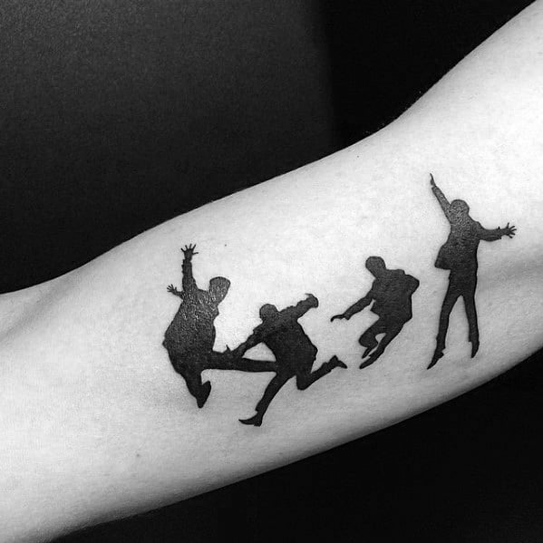 Silhouette tattoo of The Beatles mid-jump, inspired by their energetic poses from early promotional photos.