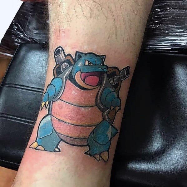 Classic Blastoise tattoo with bold outlines and vibrant colors, capturing its powerful stance and iconic twin water cannons.