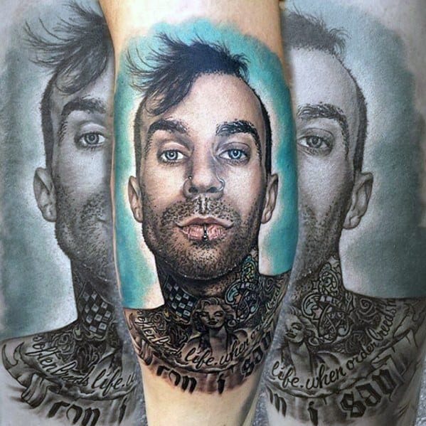 Realistic tattoo portrait of Travis Barker, showcasing his detailed facial features, tattoos, and the iconic phrase "life when order and soul" in a dynamic design.