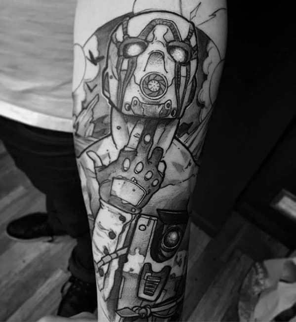 Black and grey linework tattoo of a Psycho Bandit with glowing eyes, finger gun pose, and detailed mechanical elements wrapping the forearm.