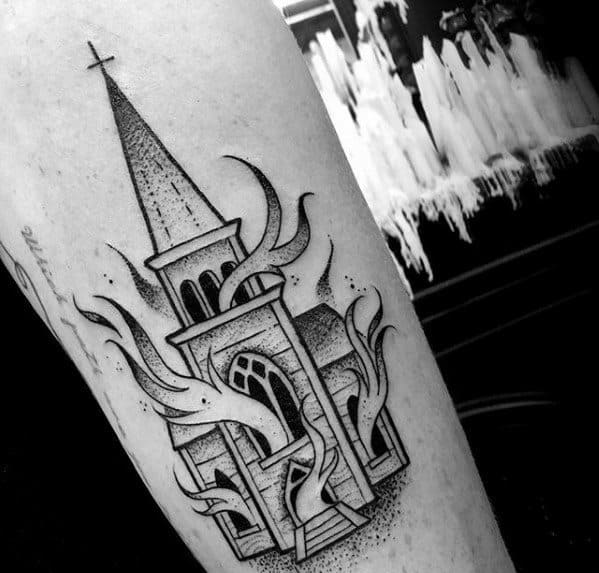 Black and grey linework tattoo of a burning church with swirling flames. Fine dotwork shading adds depth to the architectural details.