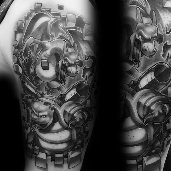 Black and grey Charizard and Blastoise tattoo design with 3D pixelated background on upper arm, bold shading and dynamic pose.