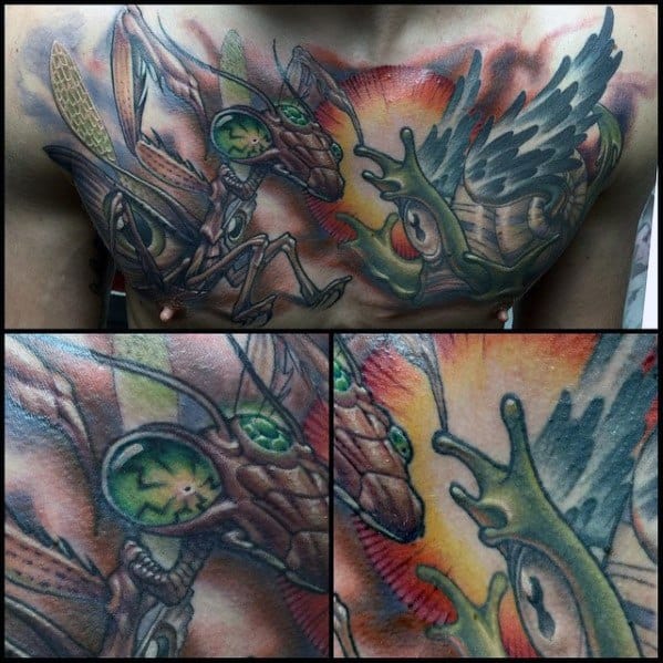 Distinctive Male Chest Praying Mantis Tattoo Designs