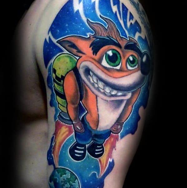 Distinctive Male Crash Bandicoot Tattoo Designs On Arm