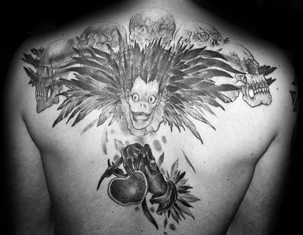 Distinctive Male Death Note Tattoo Designs On Upper Back