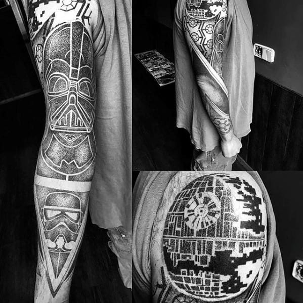 Arm tattoos featuring Darth Vader, Stormtrooper, and Death Star in bold geometric style