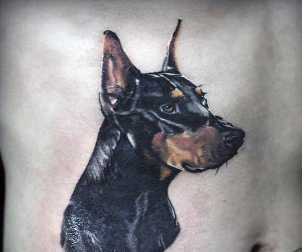 Hyper-realistic Doberman tattoo with glossy black fur and tan markings, capturing a lifelike, alert expression on the dog's face.