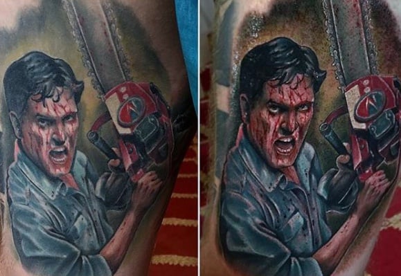 Realistic Evil Dead tattoo of Ash covered in blood, wielding his iconic chainsaw with a fierce expression and intense shading.