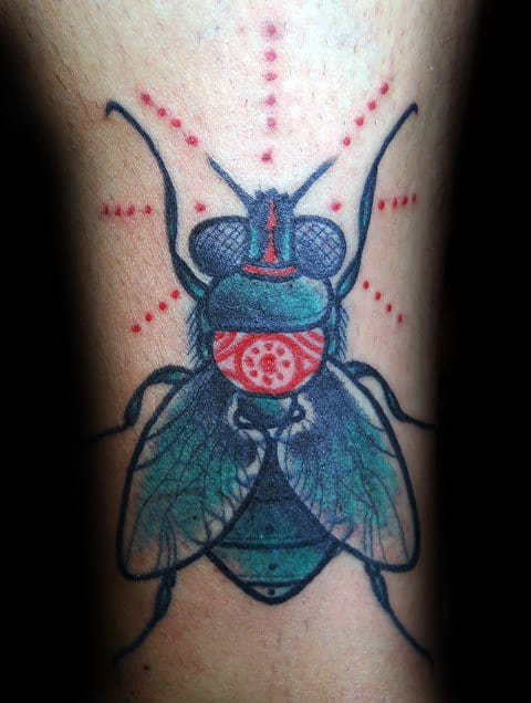 Geometric fly tattoo with blue and green body, red accents, and symmetrical dotwork radiating outward from the head.