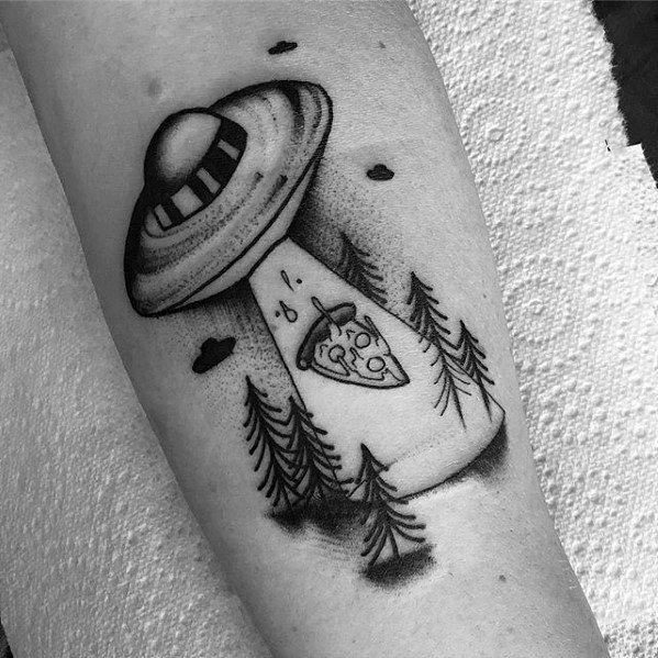 Distinctive Male Forearm Alien Spaceship Pizza Tattoo Designs