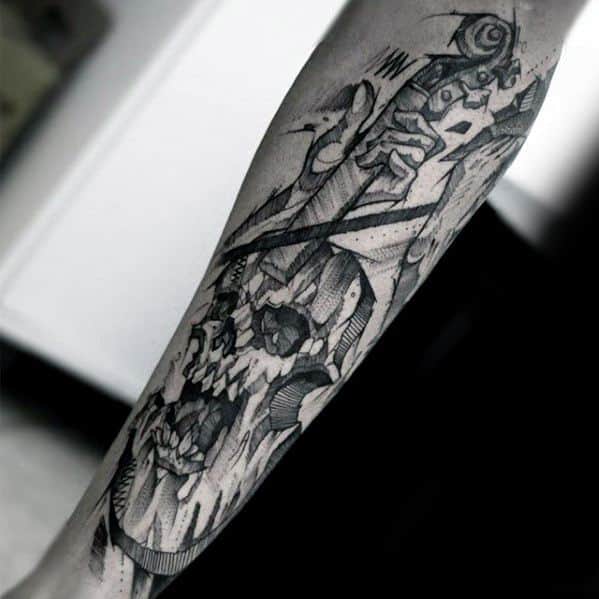 Edgy black and gray forearm tattoo combining a violin neck with a fragmented skull and abstract shading, creating a dark, artistic fusion.