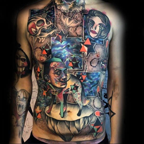 Full chest surrealism tattoo inspired by Salvador Dali, featuring bold colors, abstract shapes, and dreamlike portraits with cosmic elements.