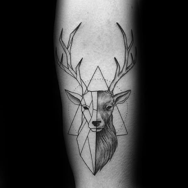 Half-geometric, half-realistic deer head tattoo with antlers and triangle elements, blending nature and symmetry on the forearm.