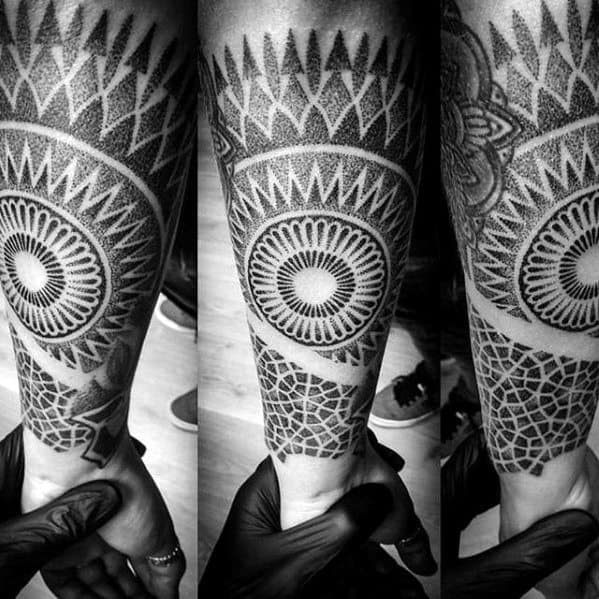 Distinctive Male Geometric Forearm Sleeve Patter Dotwork Tattoo Designs