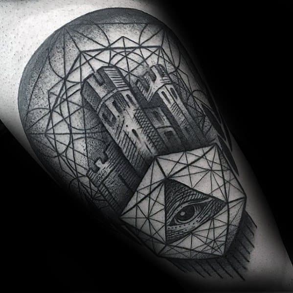 Distinctive Male Geometric Tower With Eye Arm Tattoo Designs