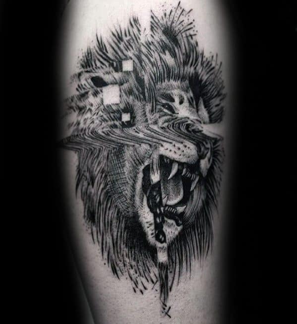 Glitch tattoo of a roaring lion with digital distortion and pixel blocks across its face, blending realism with abstract effects