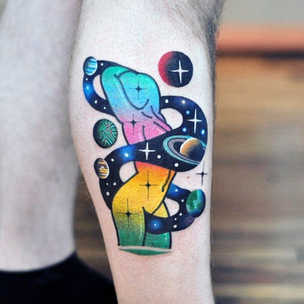 Colorful gradient tattoo of a raised fist wrapped in a cosmic ribbon with planets, stars, and a galaxy theme in vibrant hues.