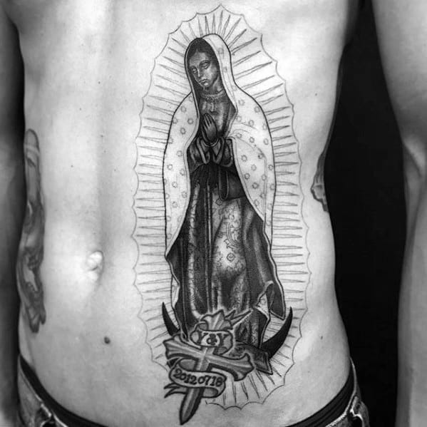 Distinctive Male Guadalupe Tattoo Designs Rib Cage Side