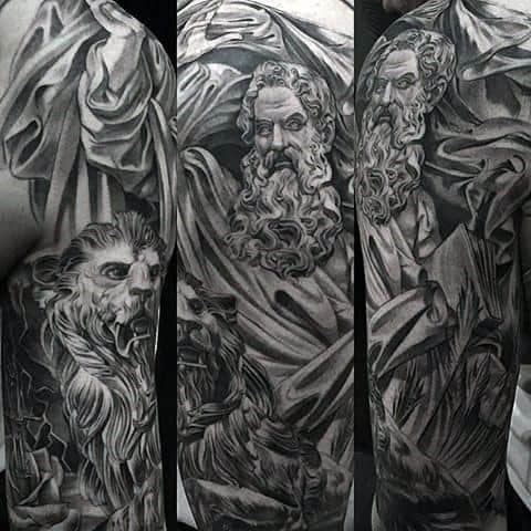 Distinctive Male Half Sleeve Chicano Style Lion Statue Tattoo Designs