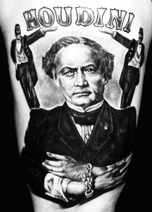 Tattoo of Houdini with crossed arms in chains and magicians on both sides