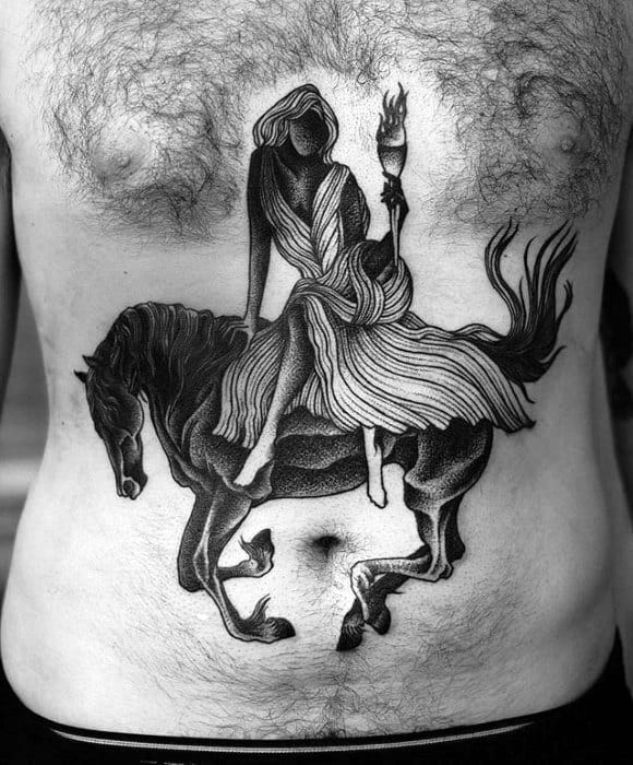 Blackwork tattoo on the stomach of a faceless woman in flowing robes holding a torch while riding a stylized horse
