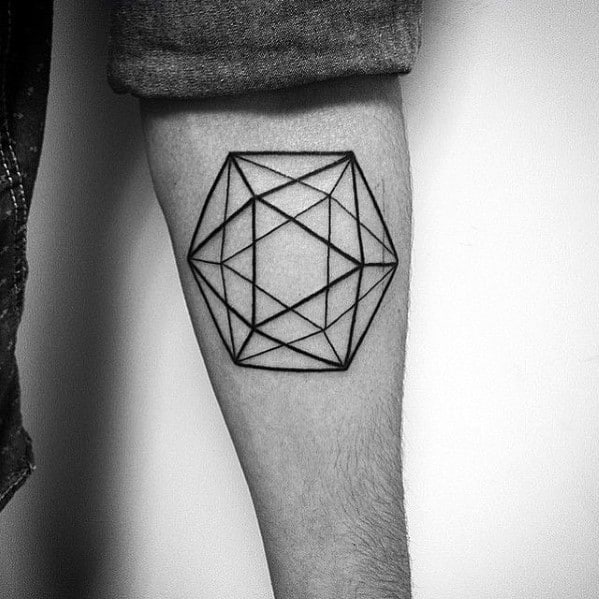 Minimalist icosahedron tattoo on the calf, featuring clean black linework and symmetrical geometric precision.