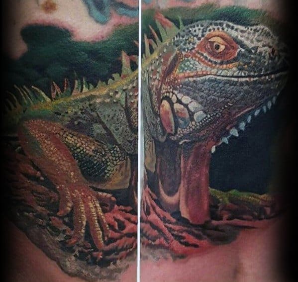 Hyper-realistic iguana tattoo across the torso with textured skin, earthy tones, and lifelike details on bark and background